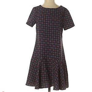 NWOT Banana Republic Dress Foulard Flounce Drop Waist. Navy Red Orange.Size 0P.